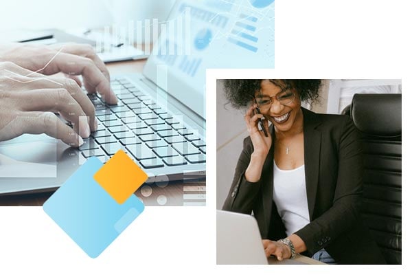 A collage of a worker using a computer with date on the screen